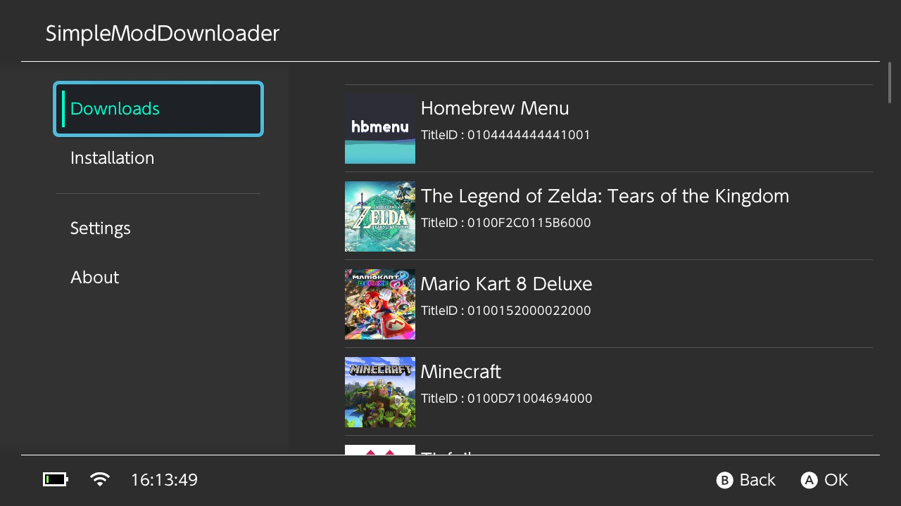 image of SimpleModDownloadeder, a homebrew using borealis for the interface